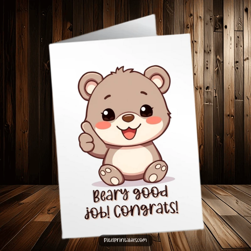 Funny Free Printable Congrats Card showing a happy pixelated bear cub giving a positive thumbs up, celebrating success.
