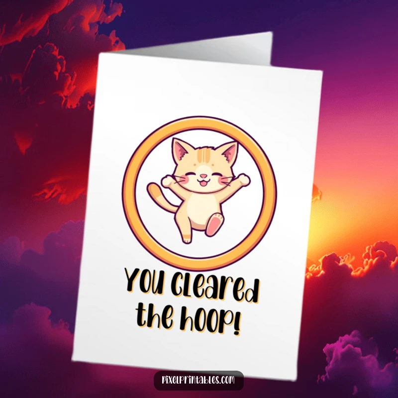 Funny Free Printable Congratulations Card: A cute pixelated cat performing an impressive jump through a pixelated hoop, celebrating victory with gamer style.