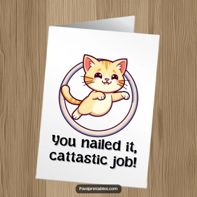 Funny Free Printable Congrats Card: Pixelated cat soaring through a pixelated hoop. An awesome, downloadable DIY gift.