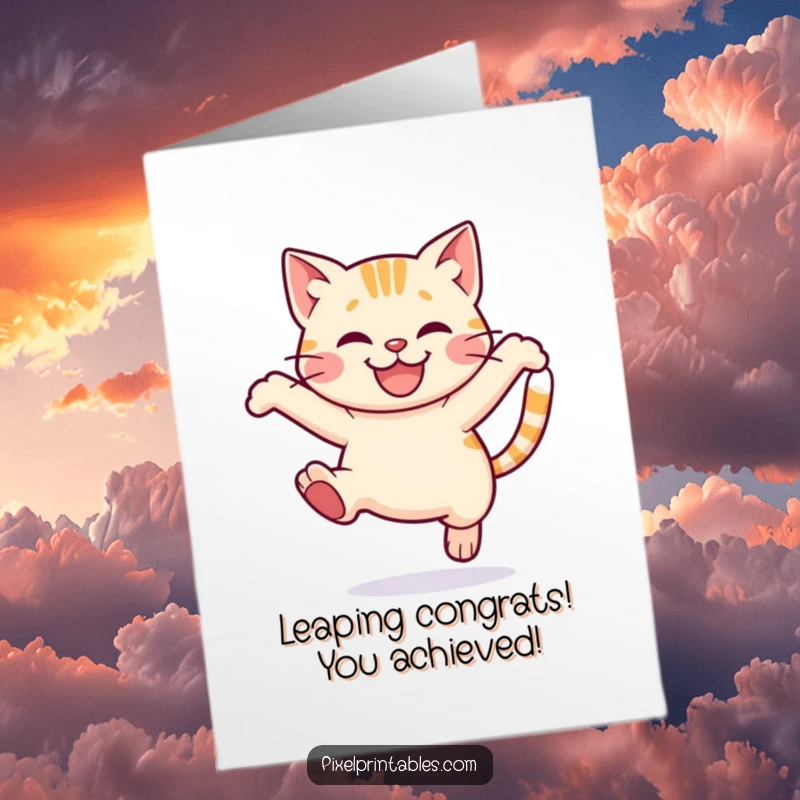 Funny Free Printable Congratulations Card: A pixelated cat leaps joyfully, celebrating your amazing achievement.