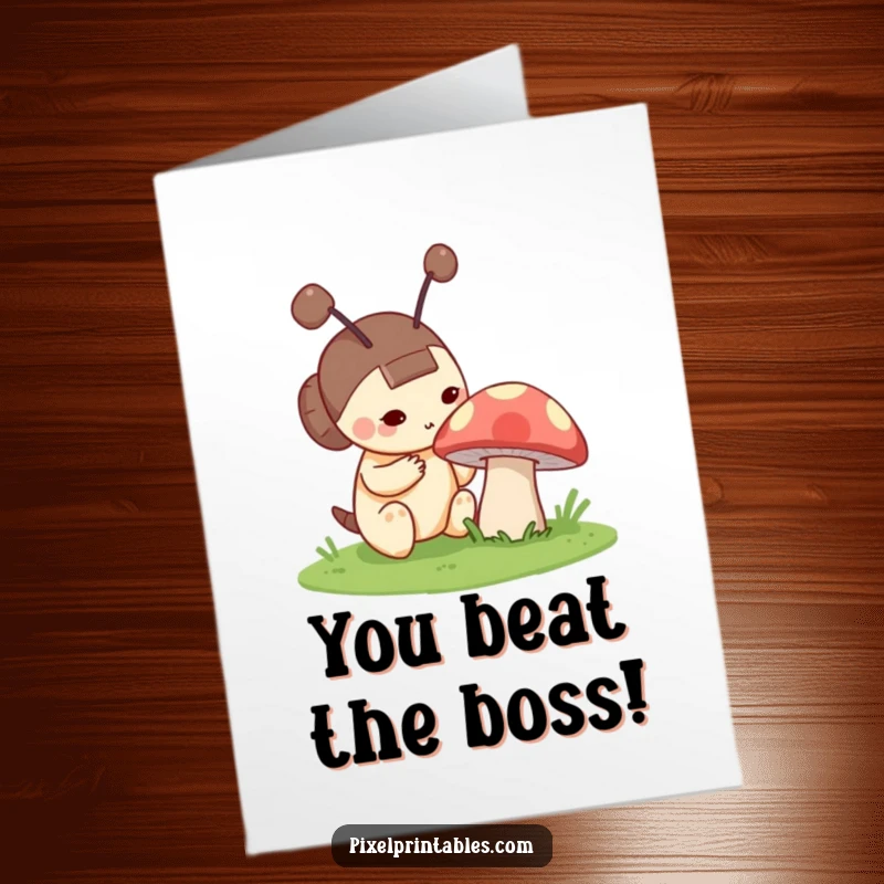 Funny Free Printable Congrats Card: A curious pixel character with antennae inspects a pixel mushroom, symbolizing discovery and achievement.