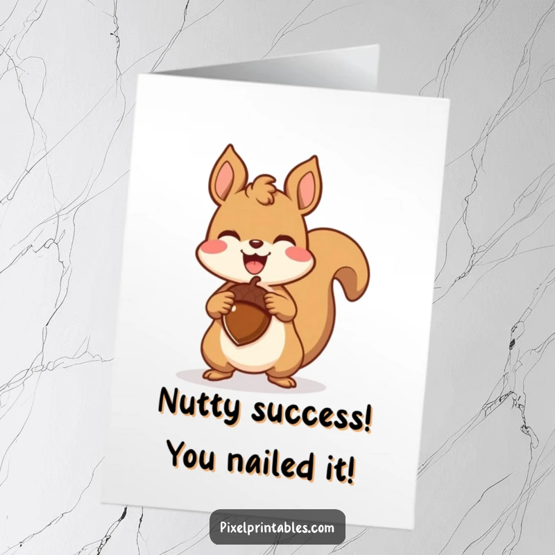Funny Free Printable Congrats Card: A pixel squirrel beams with joy, holding a pixel acorn victoriously, retro game style.