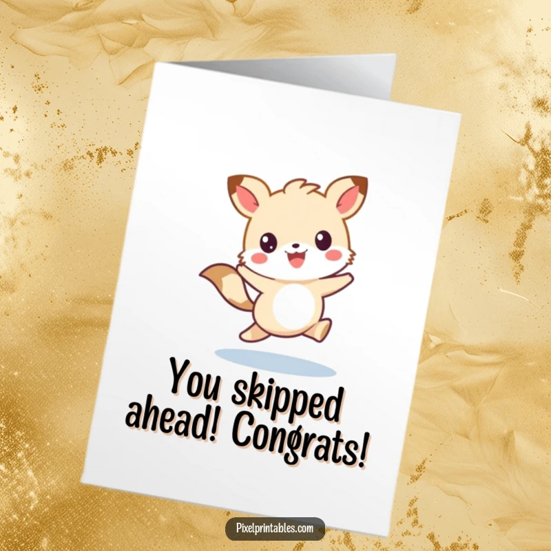 Funny Free Printable Congratulations Card: A cute pixelated animal character joyfully skipping, celebrating achievement.