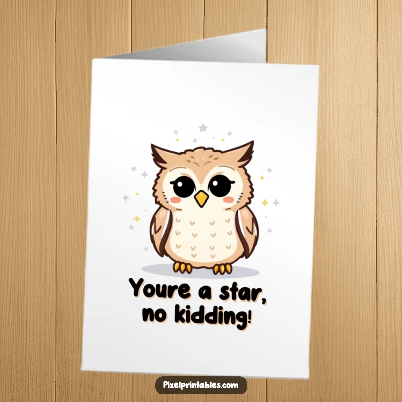 Funny Free Printable Congratulations Card: Pixelated owl marvels at a star map, celebrating your big win with humor.