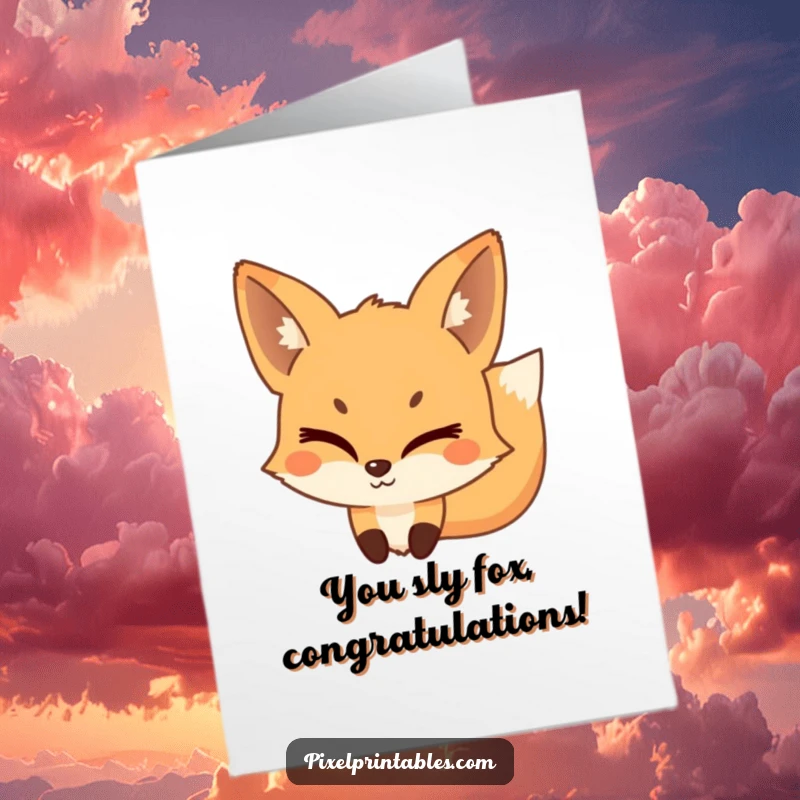 Funny Free Printable Congratulations Card: A mischievous pixelated fox winks, celebrating your clever success.