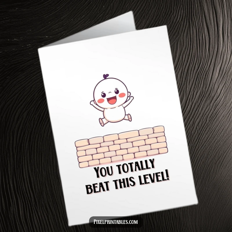 Funny Free Printable Congratulations Card: Gleeful pixel character leaps over a pixel wall, celebrating a major win.