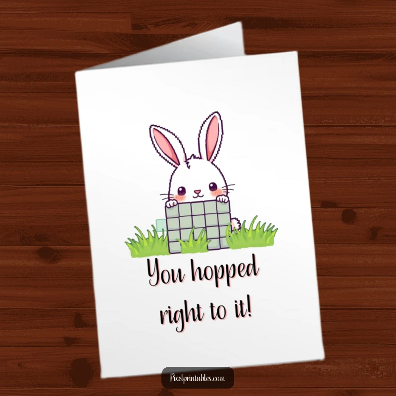 Funny Free Printable congratulations card: A curious pixelated rabbit peeking with intrigue from behind a pixelated element.