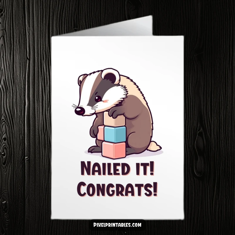 Funny Free Printable Congrats Card: A determined badger carefully stacks brightly colored pixelated cubes, achieving success. Downloadable art.