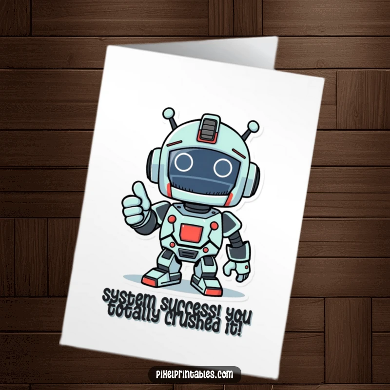 Funny Free Printable Congratulations Card: Triumphant pixelated robot giving a thumbs up, signaling success in a retro game world.