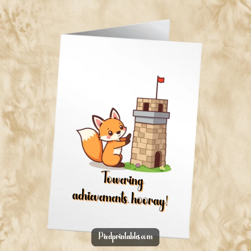 Funny Free Printable Congrats Card: A mischievous pixelated fox focused on building a small, wobbly pixelated tower, symbolizing growth.
