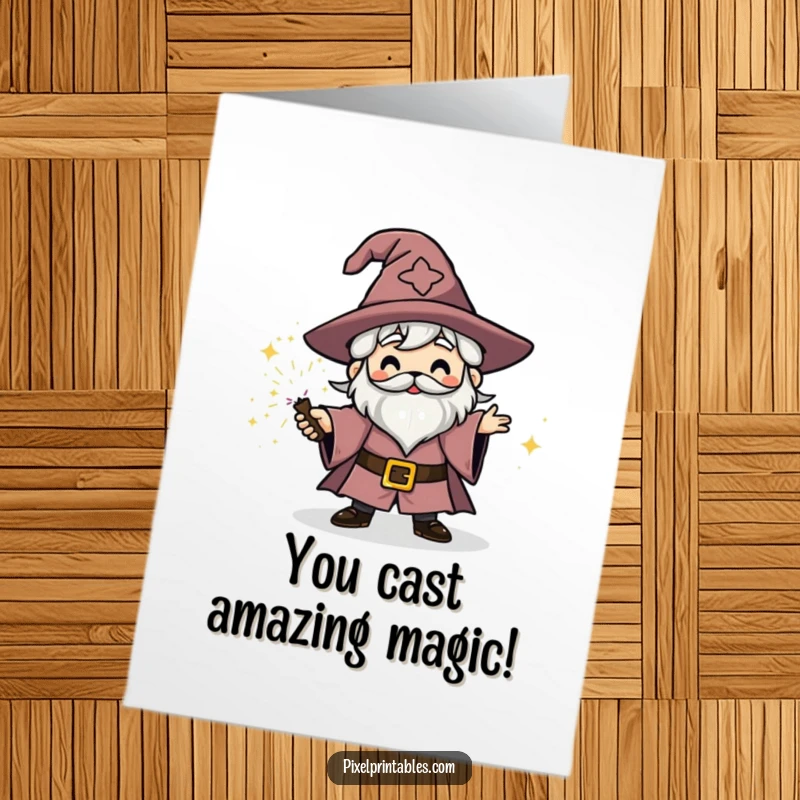 Funny Free Printable Congratulations Card: Blocky wizard character gleefully casting a sparkly spell to celebrate a grand achievement.