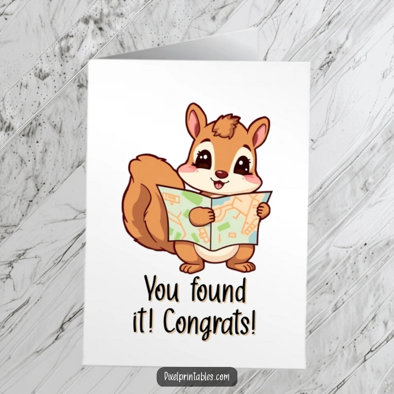 Funny Free Printable Congrats Card: A curious squirrel consults a pixelated map, celebrating a successful quest. Downloadable art.