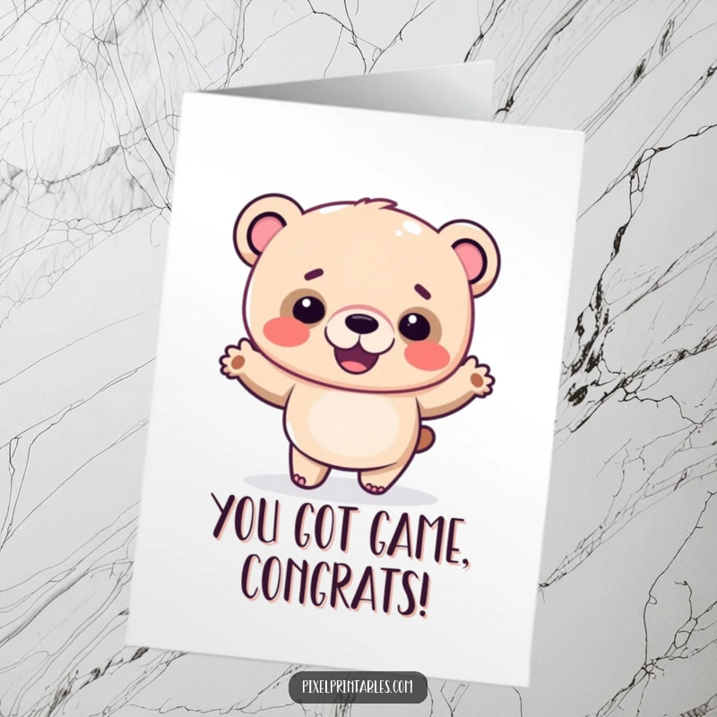 Funny Free Printable congratulations card: A giggling pixelated bear caught mid-silly dance, celebrating success.