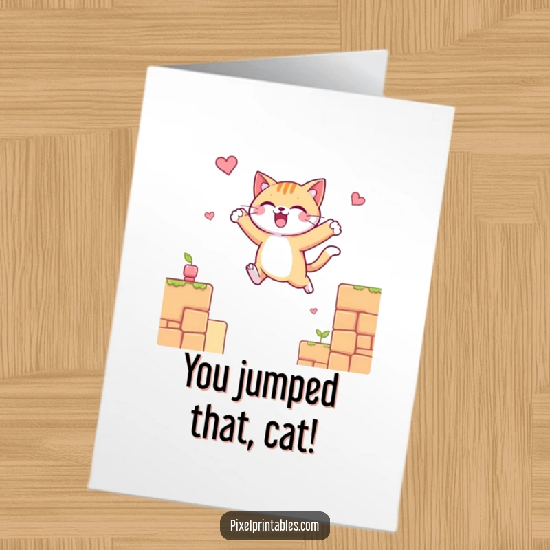 Funny Free Printable Congratulations Card: Cheerful cat character leaping between pixelated platforms, a joyful downloadable art.