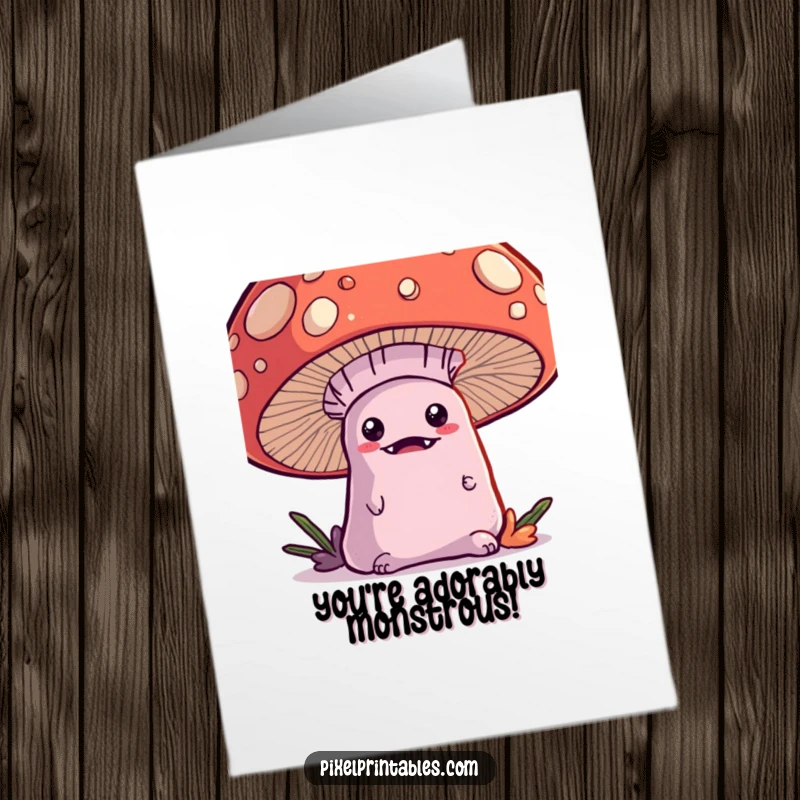 Funny Free Printable Kawaii Monster Congrats Card: Cute monster peeks from pixel mushroom, celebrating success.