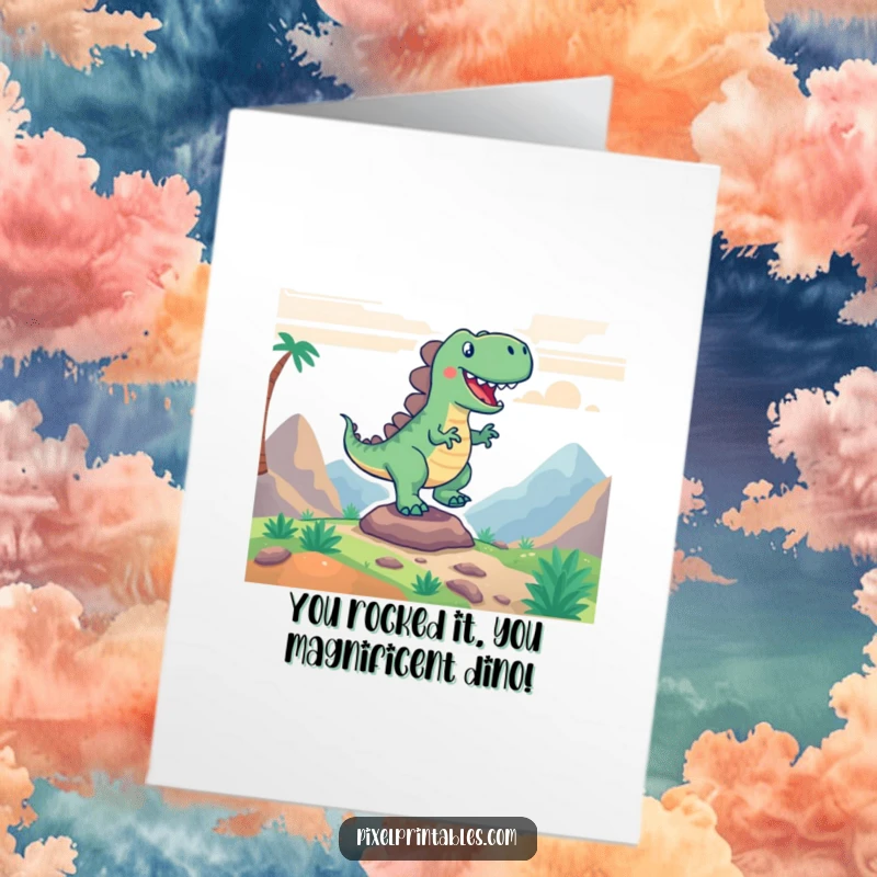 Funny Free Printable Congratulations Card: Excited pixelated dinosaur stomping triumphantly in a retro game world, celebrating a win.