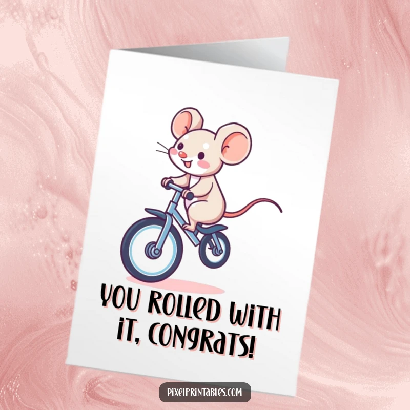 Funny Free Printable Congratulations Card: A giggling pixelated mouse riding a pixelated unicycle, cheering on success with downloadable whimsy.