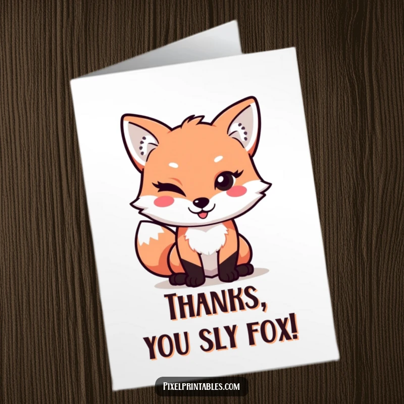 Funny Free Printable Thank You Card, a pixel fox winking with playful mischief, perfect for showing gratitude.