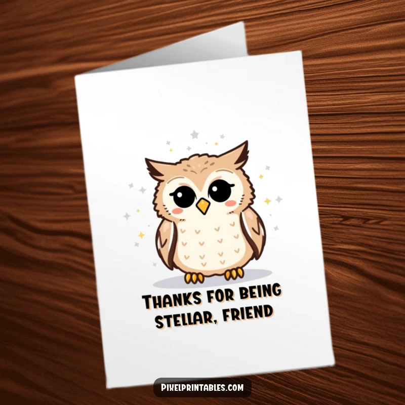 Funny Free Printable Thank You Card: Curious pixelated owl points to a star map, sending heartfelt thanks humorously.