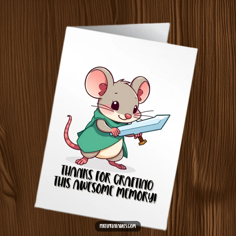 Funny Free Printable Thank You Card: Curious pixelated mouse holding a retro game sword, showing thanks with a crafty smile.