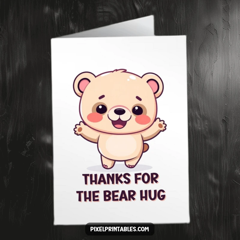 Funny Free Printable thank you card: A giggling pixelated bear doing a silly dance to express thanks.