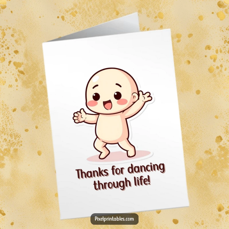 Funny Free Printable Thank You Card: Playful character with chunky limbs performing a pixelated dance, expressing thanks happily.