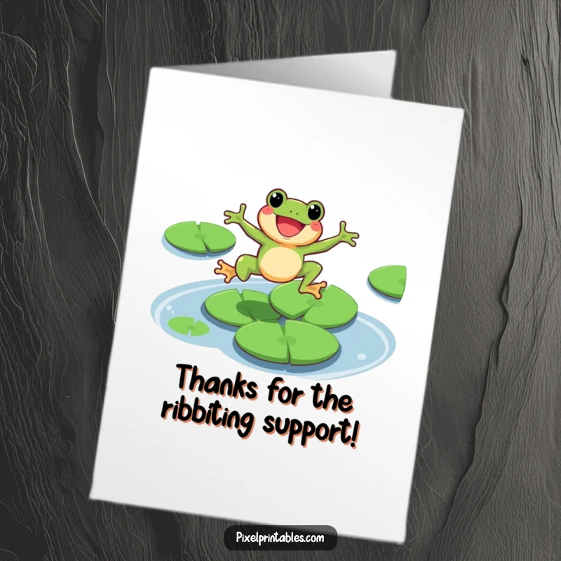 Funny Free Printable Thank You Card: Pixel frog mid-leap over lily pads, conveying heartfelt thanks with a quirky charm.