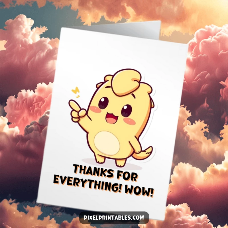 Funny Free Printable Thank You Card featuring a curious pixelated character pointing enthusiastically to express heartfelt thanks.