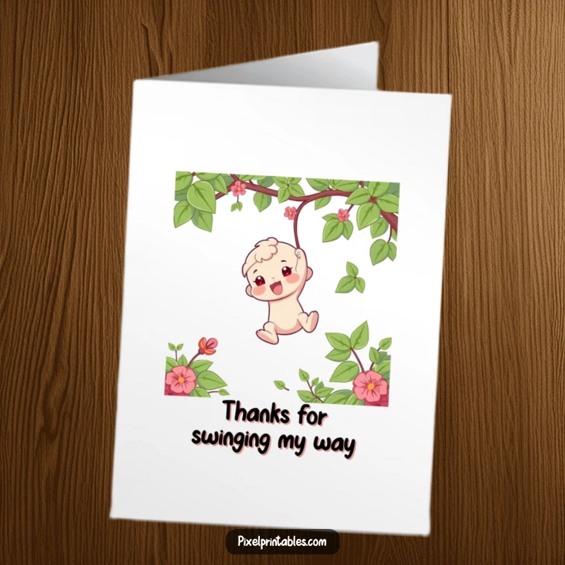 Funny Free Printable Thank You Card showing a character swinging from a vine, sending a playful thank you.