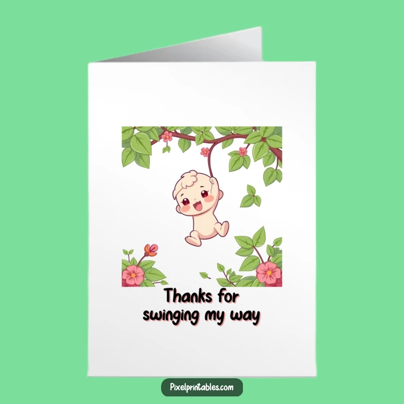 Free Printable Thank You Card: Funny Swinging Character, Downloadable Grateful Gift