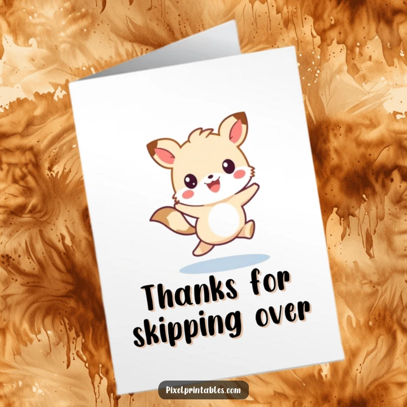 Funny Free Printable Thank You Card: A cute pixelated animal character happily skipping to convey thanks.