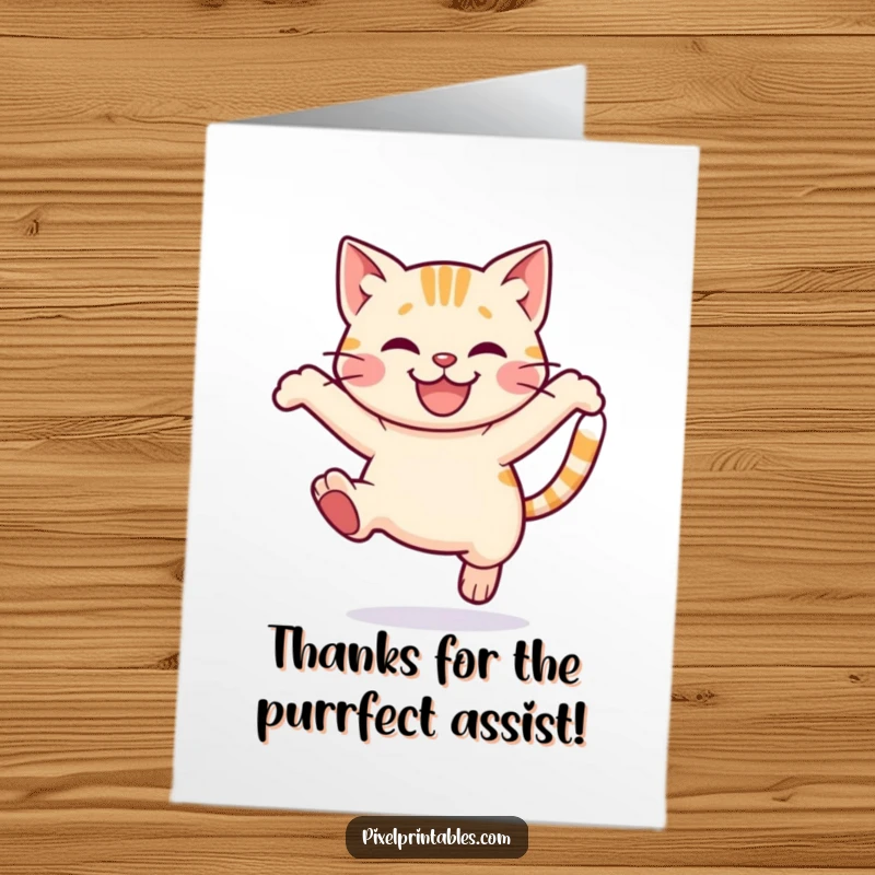 Funny Free Printable Thank You Card: A smiling pixelated cat leaps playfully, offering a humorous thank you.