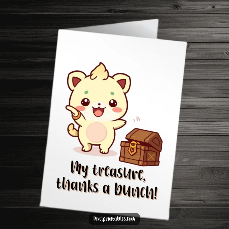 Funny Free Printable Thank You Card: A cute pixel creature points excitedly to a treasure chest, expressing thanks for a valuable gift.