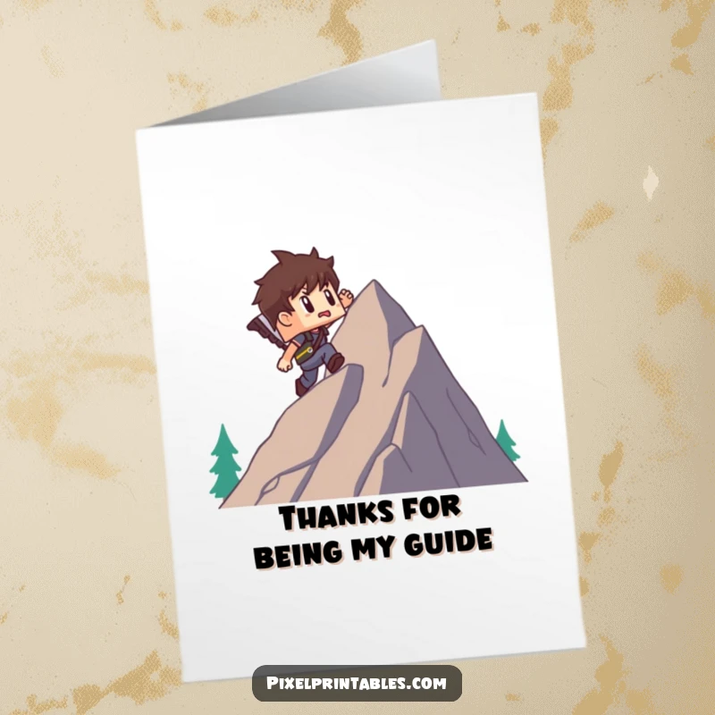 Funny Free Printable Thank You Card: Pixel adventurer expresses gratitude after a challenging climb, a unique gift.