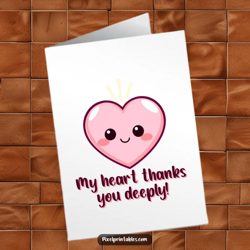 Funny Free Printable Thank You Card: A smiling pixelated heart character pulses with warm light, a symbol of sincere thanks.