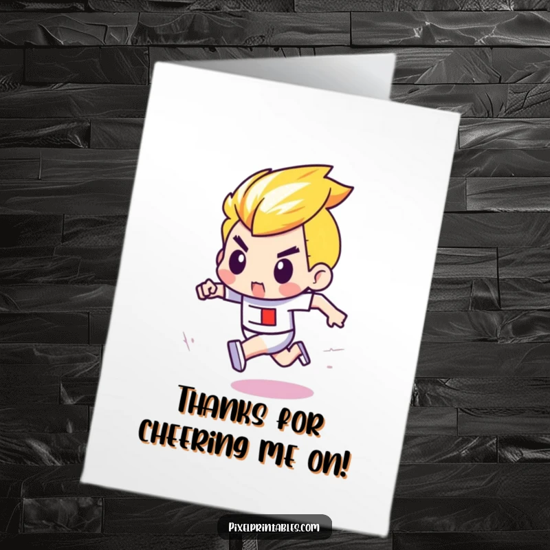 Funny Free Printable Thank You Card: A determined pixel character runs a pixel race, symbolizing the journey of gratitude.