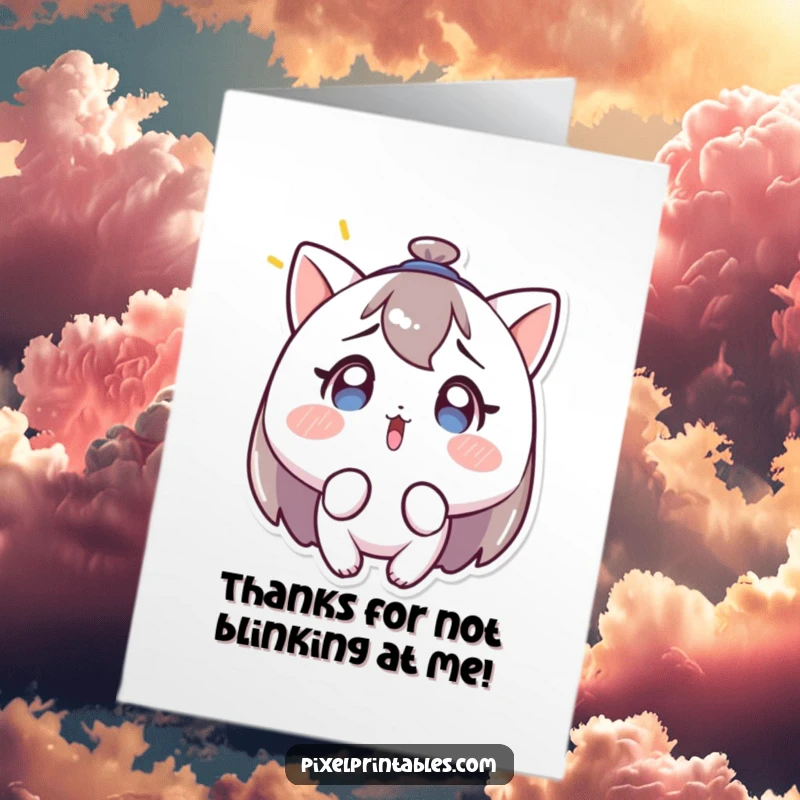 Funny free printable thank you card: a character looks baffled at a blinking light, offering a humorous and unique expression of thanks.