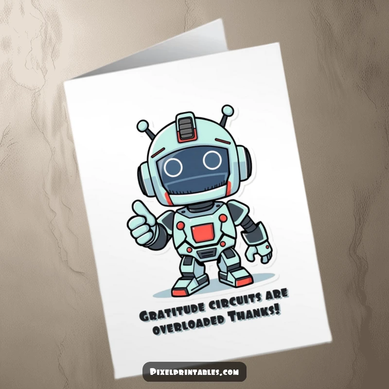 Funny Free Printable Thank You Card: Triumphant pixelated robot giving a thumbs up, expressing thanks in a retro game style.
