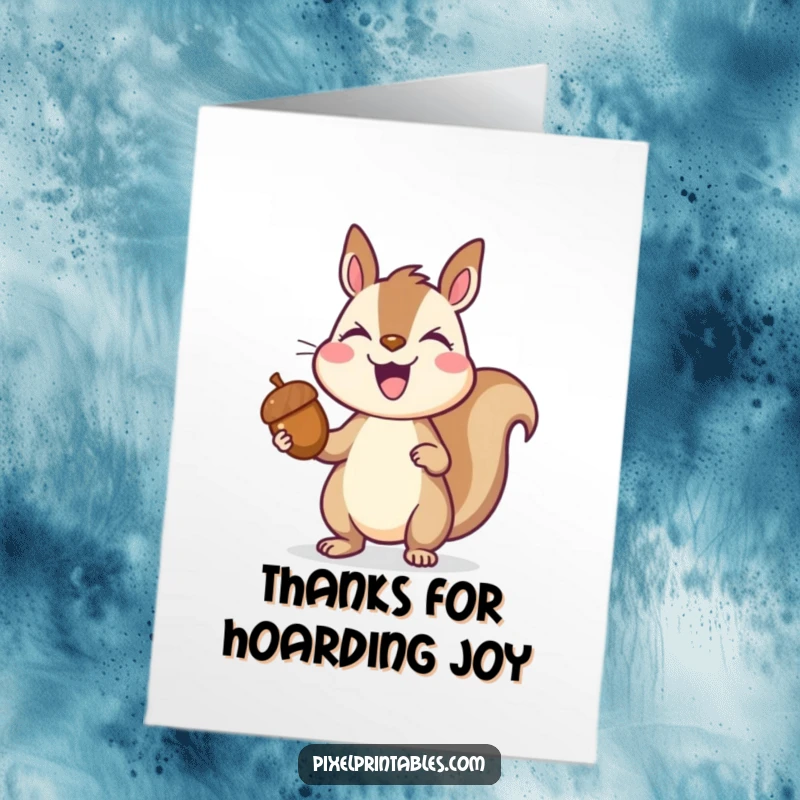 Funny Free Printable Thank You Card: A joyful pixelated squirrel holding a pixelated acorn, expressing pure delight and thanks.