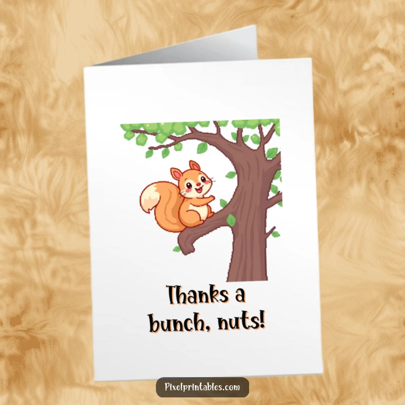 Funny Free Printable Thank You Card: A pixelated squirrel happily climbs a pixel tree, showing gratitude.