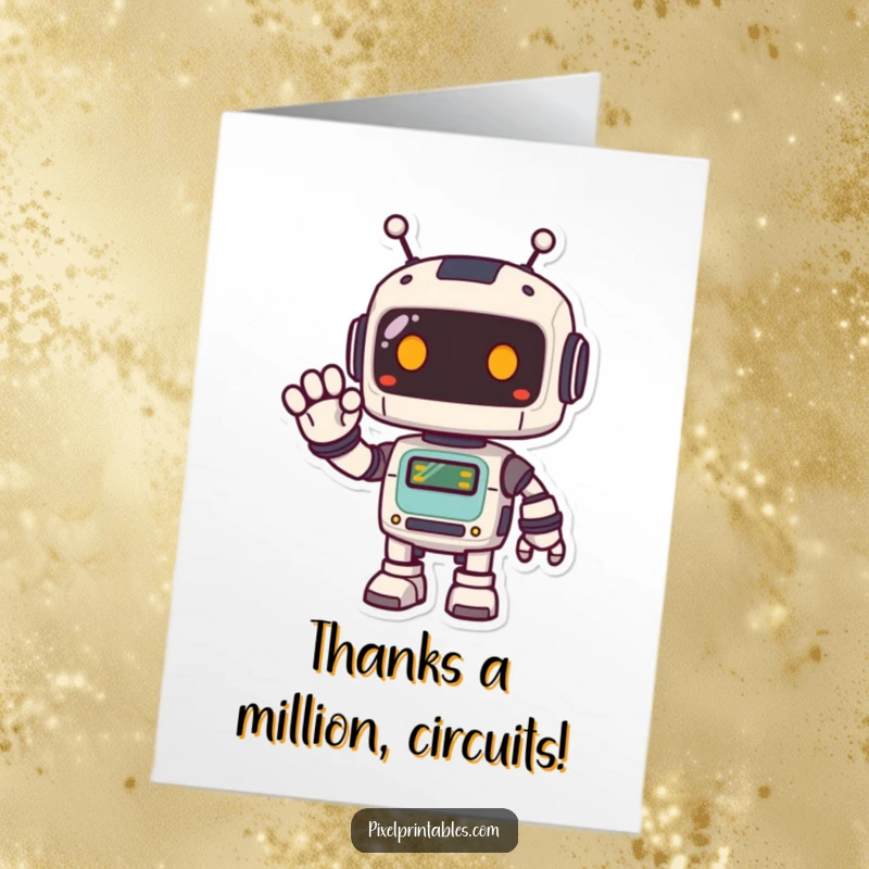 Funny Free Printable Thank You Card: A cute pixelated robot waves happily, conveying heartfelt thanks.