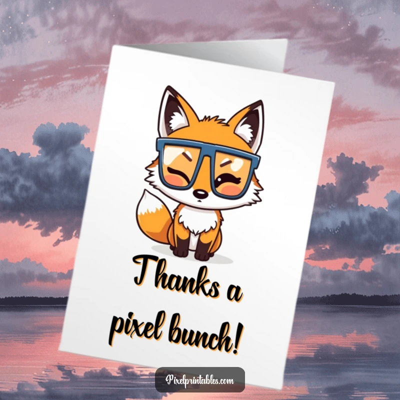 Funny Free Printable Thank You Card: Winking pixel fox with glasses, a pixelated way to say thanks.