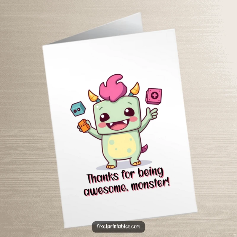 Funny Free Printable Thank You Card: A giggling monster juggling pixelated items, a quirky way to express thanks.