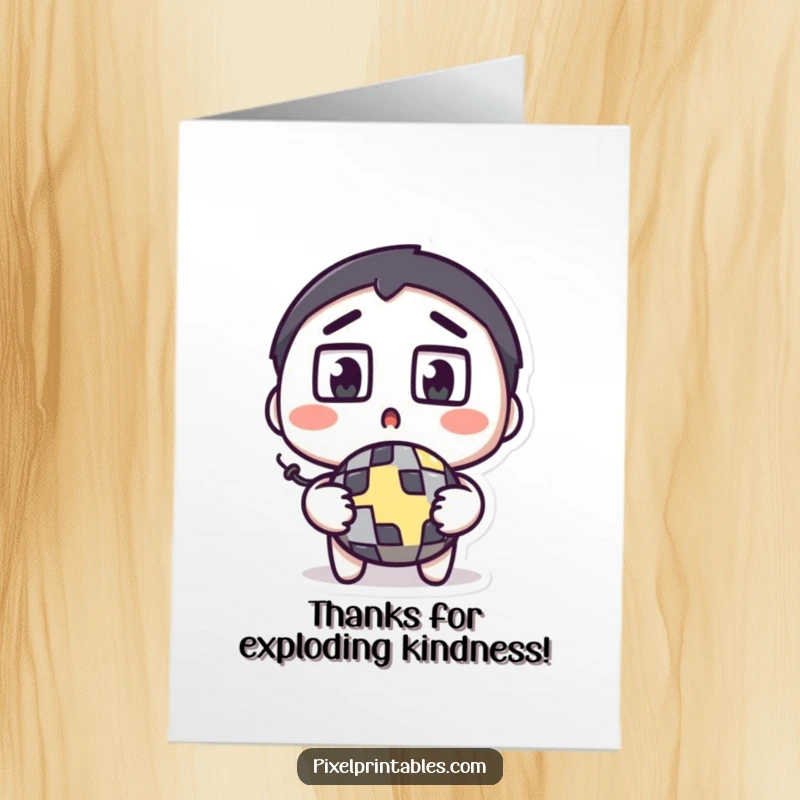 Funny Free Printable Thank You Card: A surprised character with wide eyes holding a pixelated bomb, sending thanks explosively.