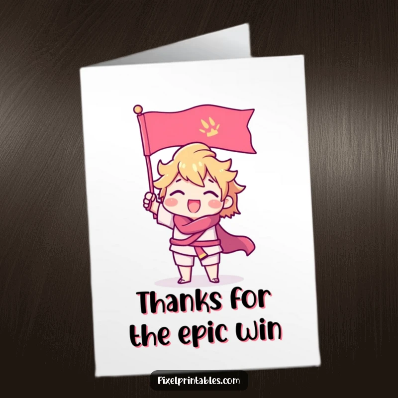 Funny Free Printable Pixel Hero Thank You Card, a victorious pixel character plants a flag, expressing heartfelt gratitude.