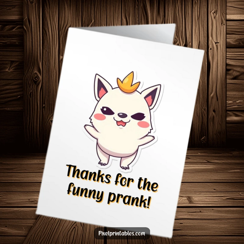 Funny Free Printable Thank You Card: A mischievous pixelated creature making a funny, slightly cheeky face, expressing thanks playfully.