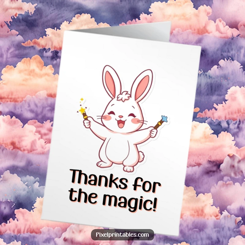 Funny Free Printable Thank You Card: Happy rabbit character waving a pixelated magic wand, a charming DIY gift.