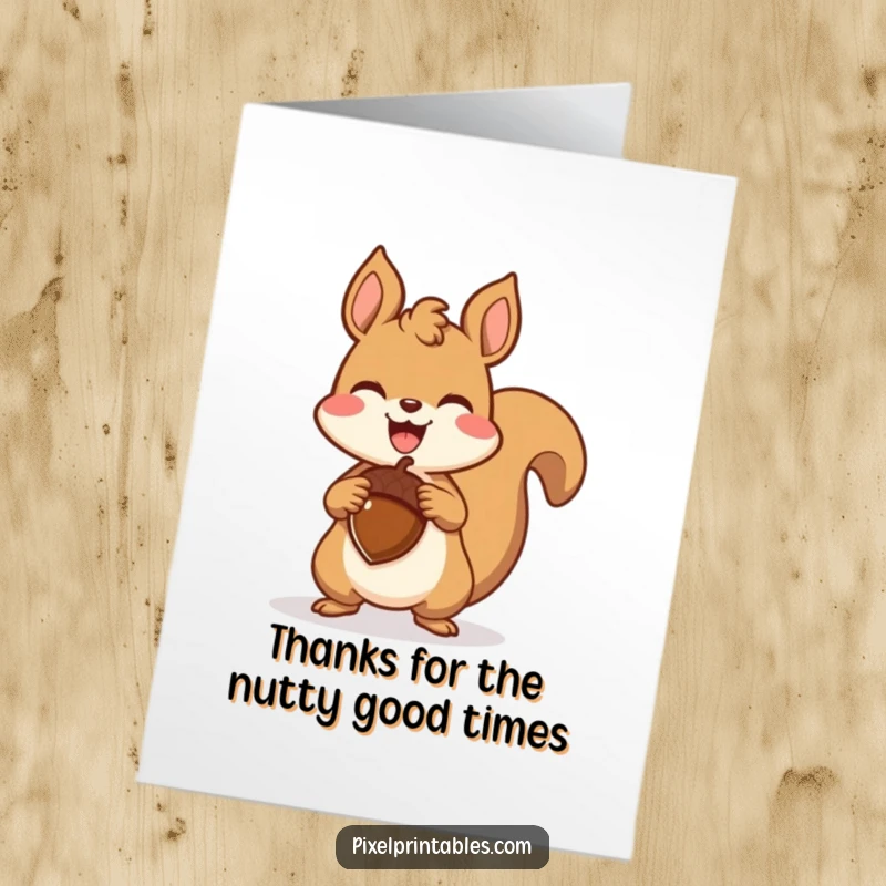Funny Free Printable Thank You Card: A pixel squirrel proudly displays a pixel acorn, radiating joy, retro game aesthetic.