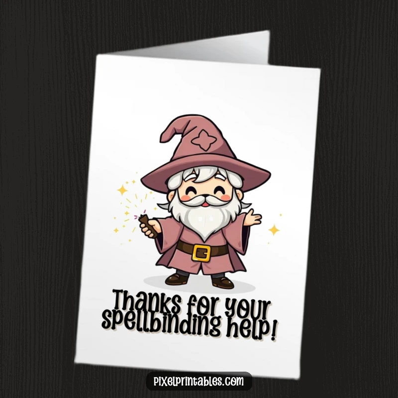 Funny Free Printable Thank You Card: Blocky wizard character casting a sparkly spell, radiating gratitude with a magical flourish.