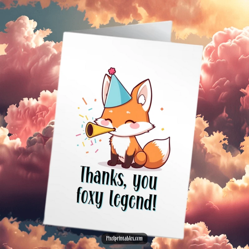 Funny Free Printable Thank You Card with a cute fox in a party hat blowing a confetti horn to express thanks.